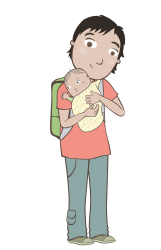 J-44 papa con mochila a la espalda y guagua en brazos